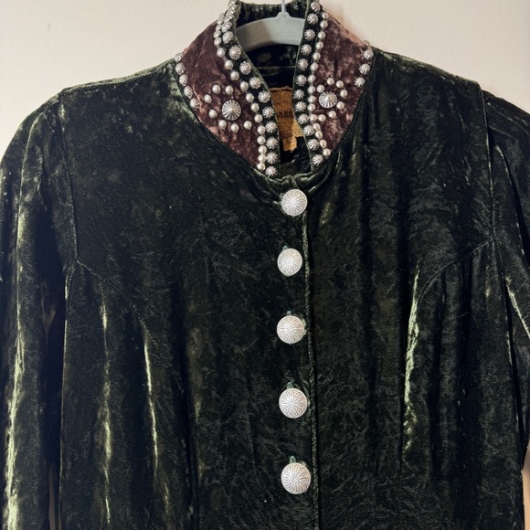 Vintage Double D Ranch Green Velvet Maxi Dress Western Pearl Snap Studded XS - Picture 10 of 16